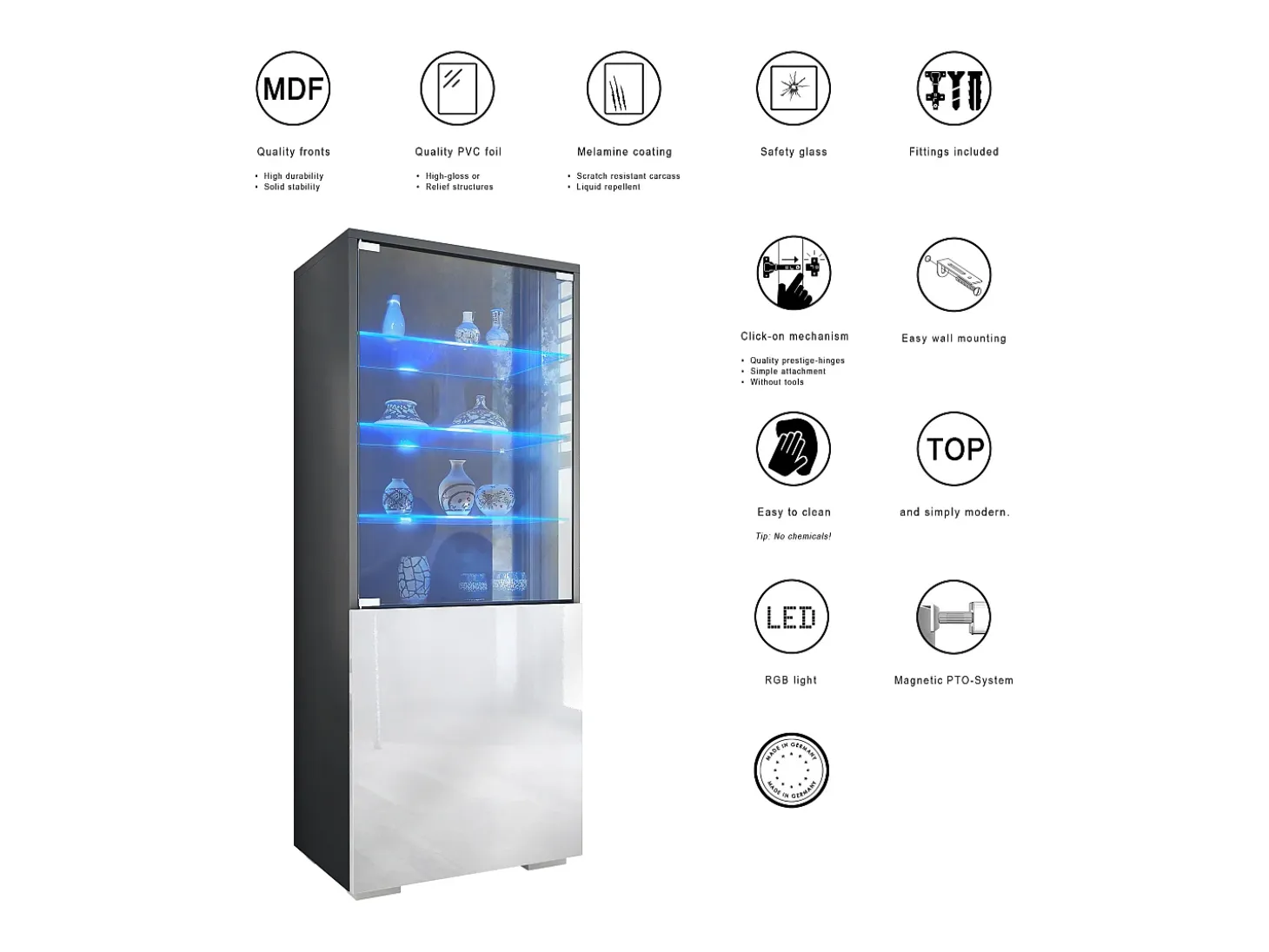 Vitrina Granada de Vladon, Armario Vitrina Made in Germany con Puerta de Cristal e Inserto de Cristal incl. LED, antracita mate/blanco mate (50 x 122,5 x 34,5 cm)