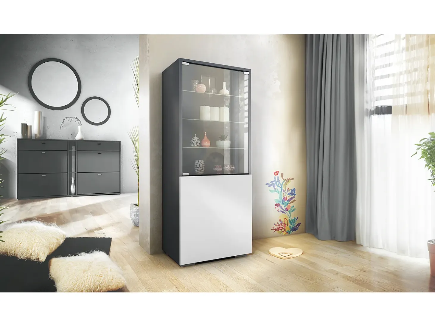 Vitrina Granada de Vladon, Armario Vitrina Made in Germany con Puerta de Cristal e Inserto de Cristal, antracita mate/blanco mate (50 x 122,5 x 34,5 cm)