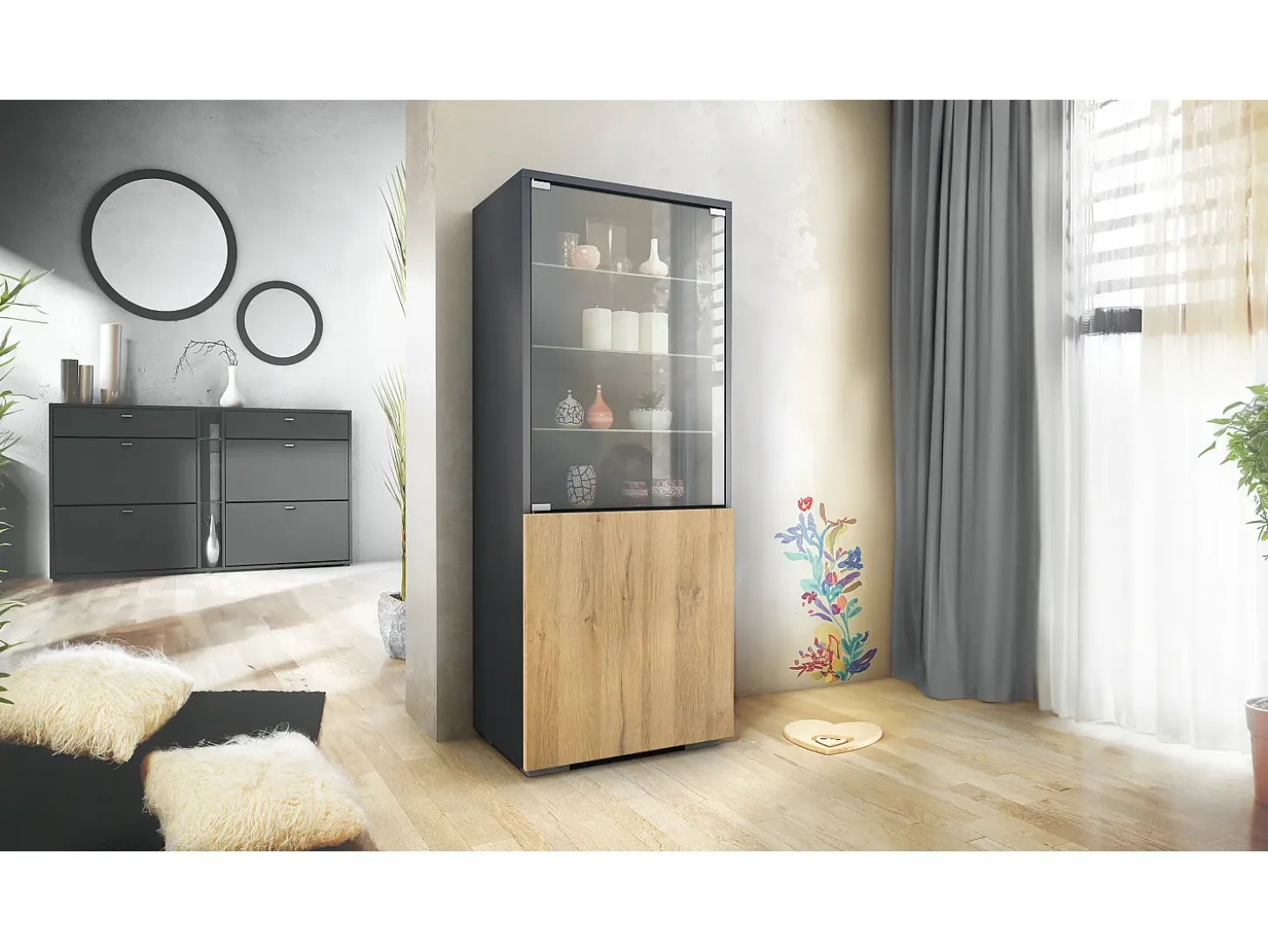 Vitrina Granada de Vladon, Armario Vitrina Made in Germany con Puerta de Cristal e Inserto de Cristal, antracita mate/roble natural (50 x 122,5 x 34,5 cm)