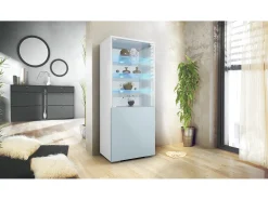 Vitrina Granada de Vladon, Armario Vitrina Made in Germany con Puerta de Cristal e Inserto de Cristal incl. LED, blanco mate/mezclilla mate (50 x 122,5 x 34,5 cm)