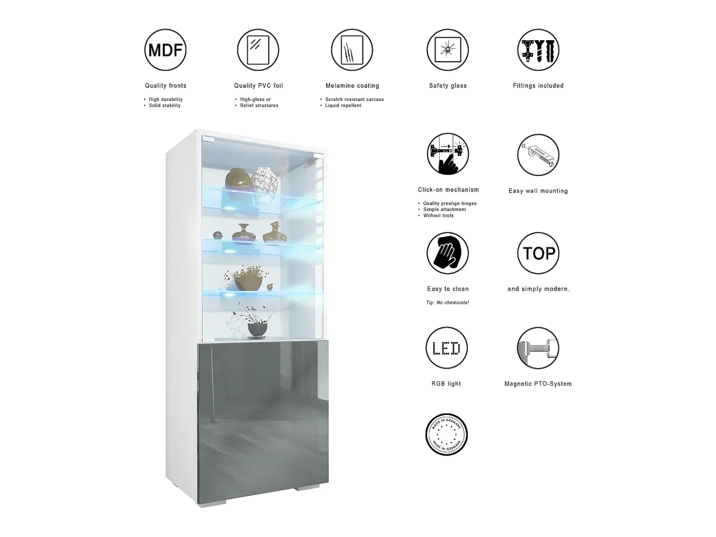 Vitrina Granada de Vladon, Armario Vitrina Made in Germany con Puerta de Cristal e Inserto de Cristal incl. LED, blanco mate/mezclilla mate (50 x 122,5 x 34,5 cm)