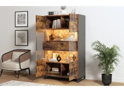 Vitrina independiente - 80 x 40 x 138 cm - con LEDs + 2 cajones + 2 puertas - MDF - natural