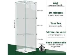 Vitrina individual de 3 niveles, parte trasera negra y acabado transparente