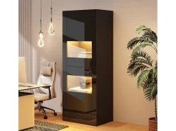Vitrina lacada brillante 61x42x162 cm - con iluminación LED - 2 puertas - Estantes de vidrio ajustables - Negro