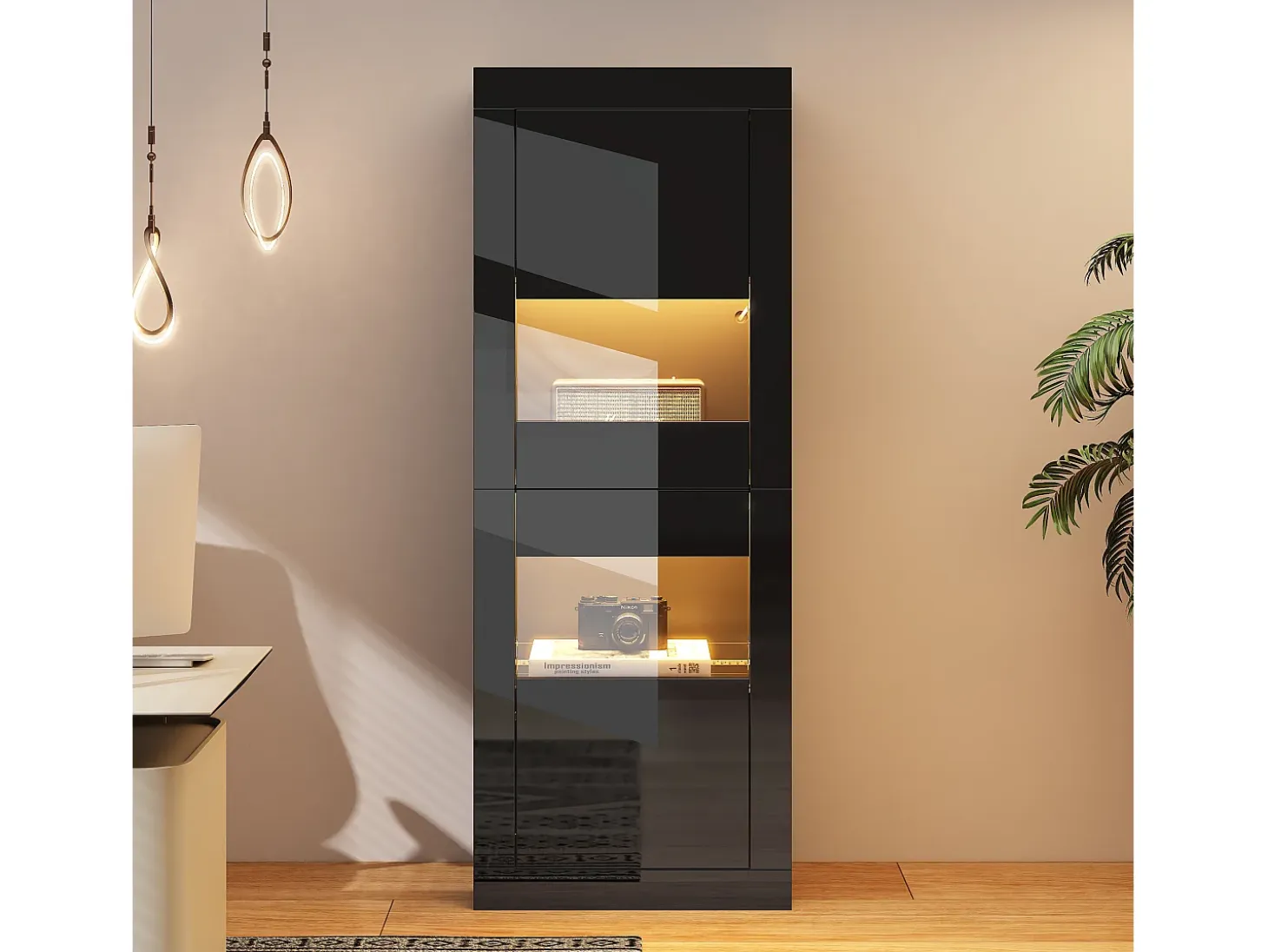 Vitrina lacada brillante 61x42x162 cm - con iluminación LED - 2 puertas - Estantes de vidrio ajustables - Negro