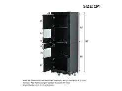 Vitrina lacada brillante 61x42x162 cm - con iluminación LED - 2 puertas - Estantes de vidrio ajustables - Negro