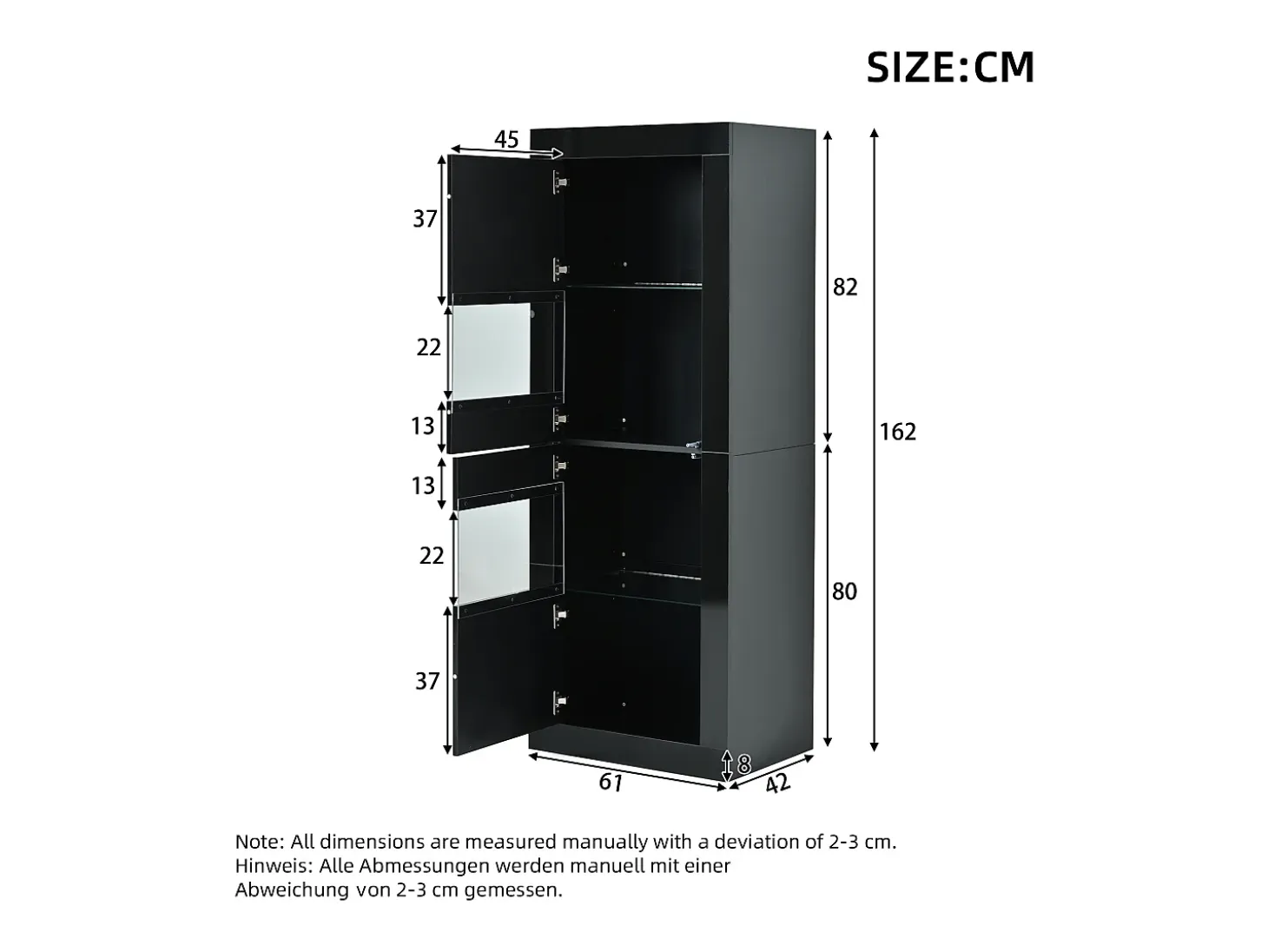 Vitrina lacada brillante 61x42x162 cm - con iluminación LED - 2 puertas - Estantes de vidrio ajustables - Negro