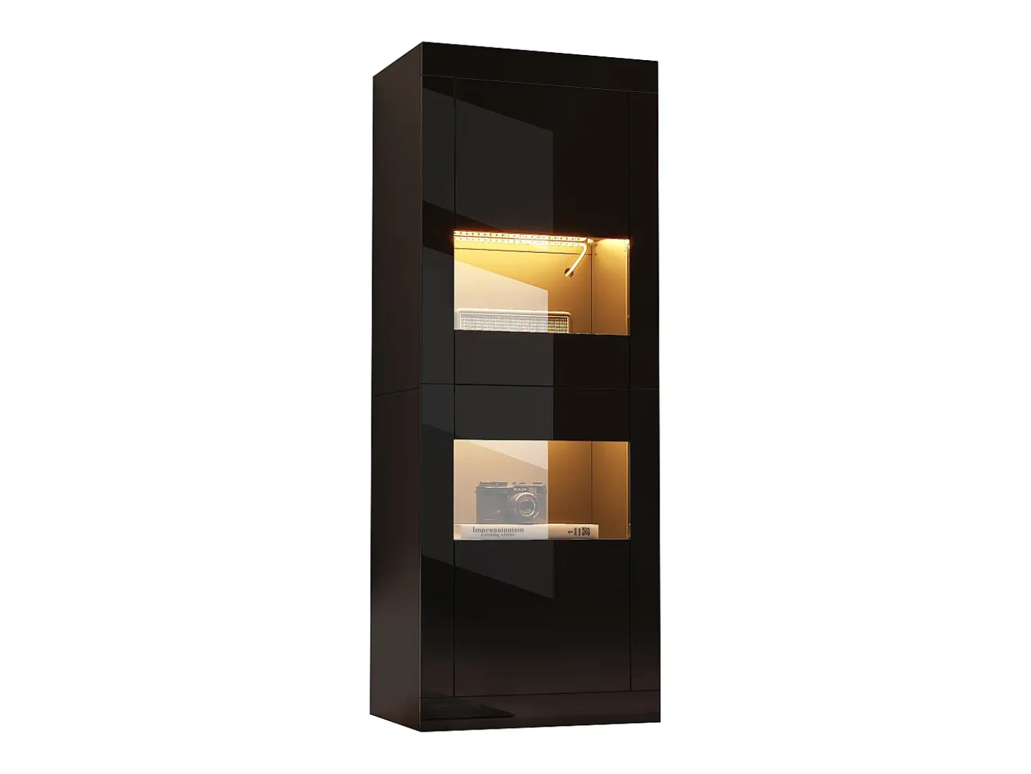 Vitrina lacada brillante 61x42x162 cm - con iluminación LED - 2 puertas - Estantes de vidrio ajustables - Negro