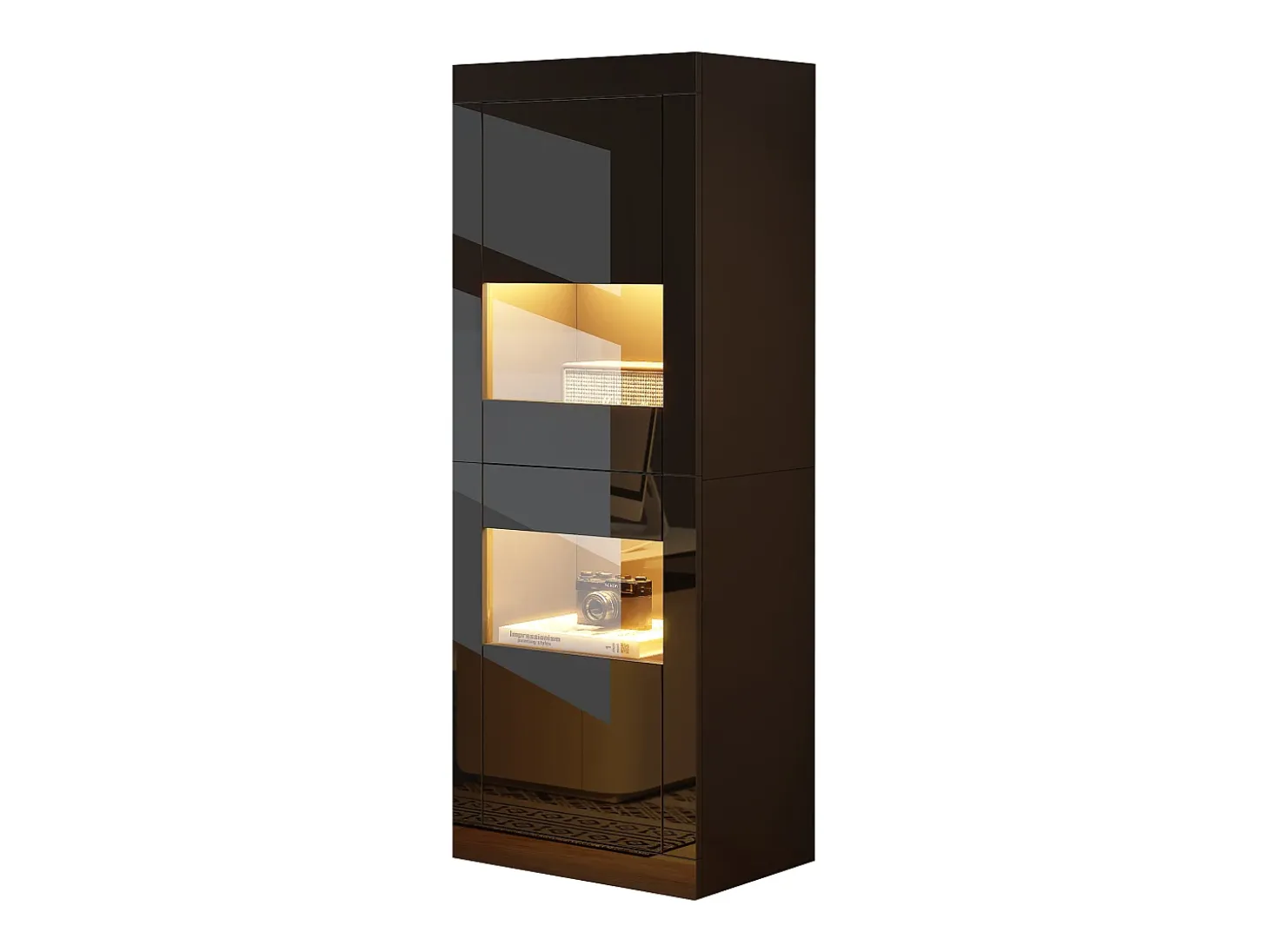 Vitrina lacada brillante 61x42x162 cm - con iluminación LED - 2 puertas - Estantes de vidrio ajustables - Negro