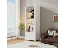 Vitrina lacada brillante 50x40x160 cm - con iluminación LED - Puerta de acrílico+1 cajón - Estantes de vidrio - Tableros de partículas - Blanco