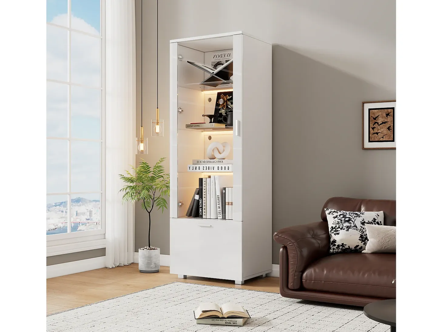 Vitrina lacada brillante 50x40x160 cm - con iluminación LED - Puerta de acrílico+1 cajón - Estantes de vidrio - Tableros de partículas - Blanco