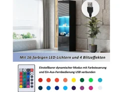 Vitrina lacada en negro con iluminación LED, 1 estante de cristal, MDF, blanco y negro, (45x35x160 cm)