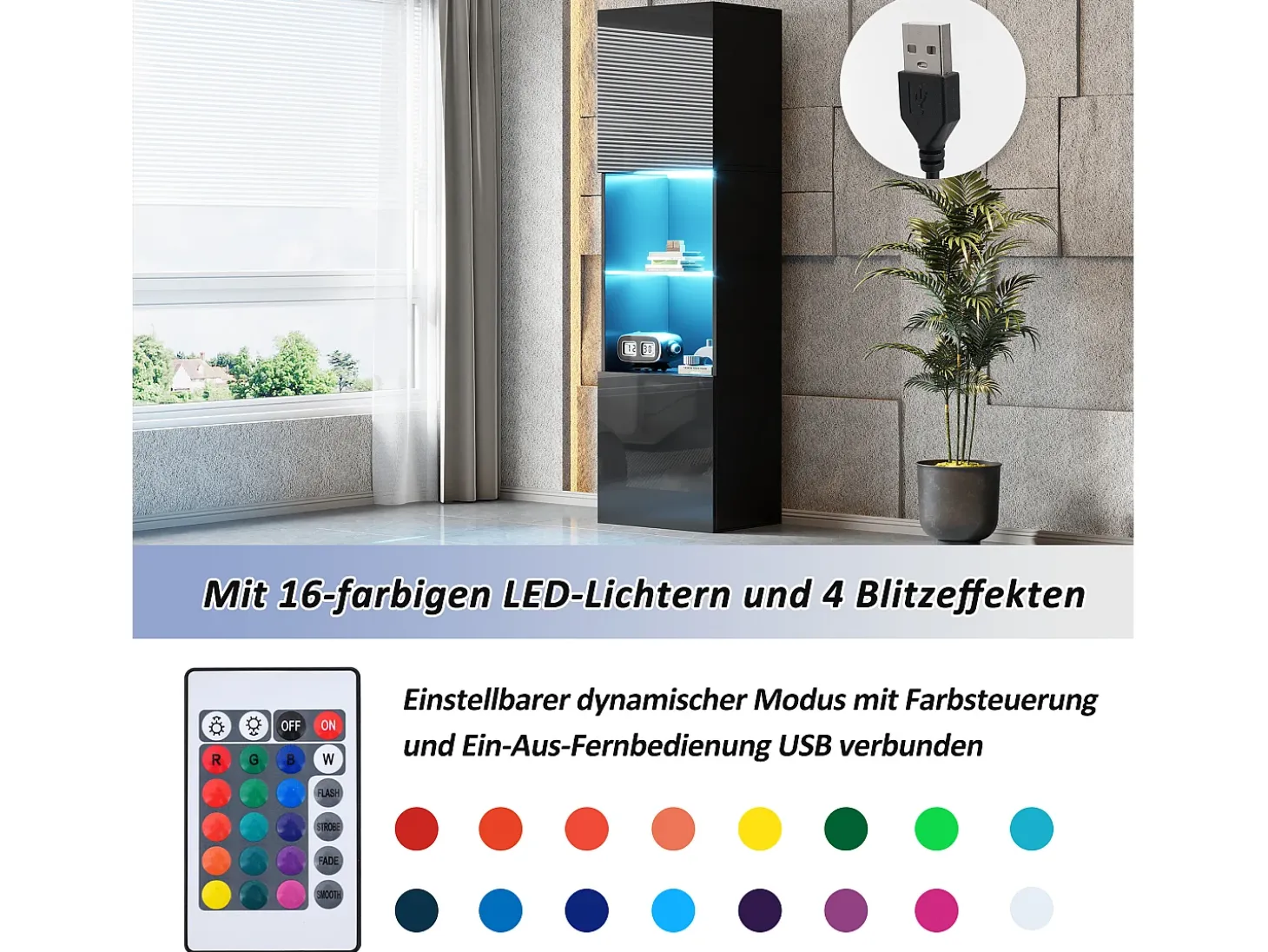 Vitrina lacada en negro con iluminación LED, 1 estante de cristal, MDF, blanco y negro, (45x35x160 cm)