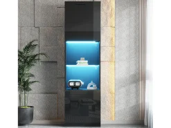 Vitrina lacada en negro con iluminación LED, 1 estante de cristal, MDF, blanco y negro, (45x35x160 cm)