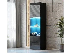 Vitrina lacada en negro con iluminación LED, 1 estante de cristal, MDF, blanco y negro, (45x35x160 cm)