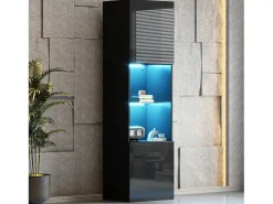 Vitrina lacada en negro con iluminación LED, 1 estante de cristal, MDF, blanco y negro, (45x35x160 cm)