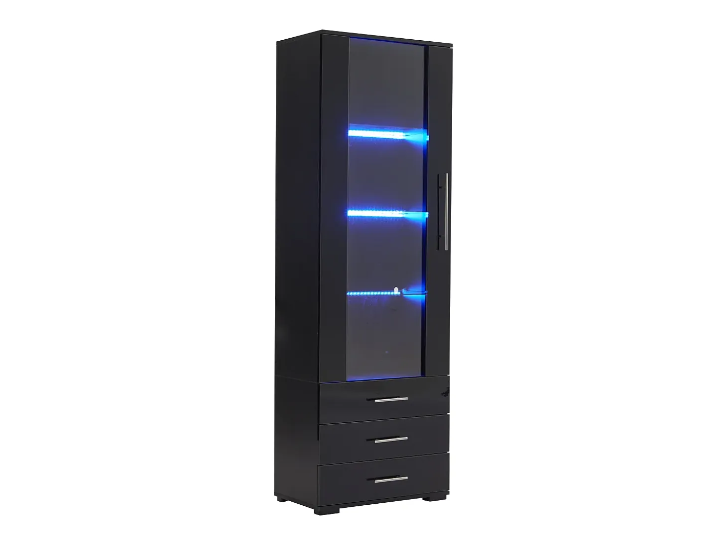 Vitrina lacada en negro con puertas de cristal, estante LED, 3 cajones, 60x35x180 cm