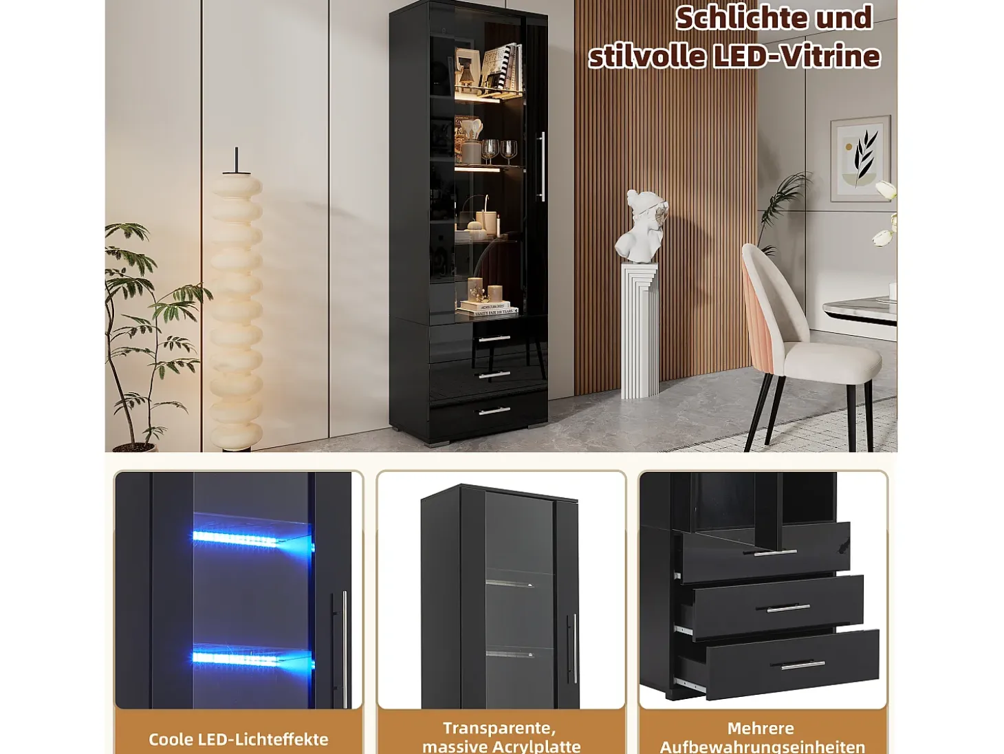 Vitrina lacada en negro con puertas de cristal, estante LED, 3 cajones, 60x35x180 cm