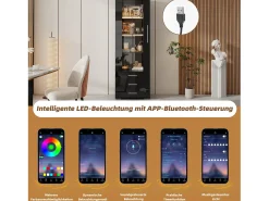 Vitrina lacada en negro con puertas de cristal, estante LED, 3 cajones, 60x35x180 cm