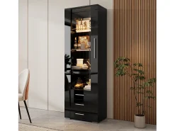 Vitrina lacada en negro con puertas de cristal, estante LED, 3 cajones, 60x35x180 cm