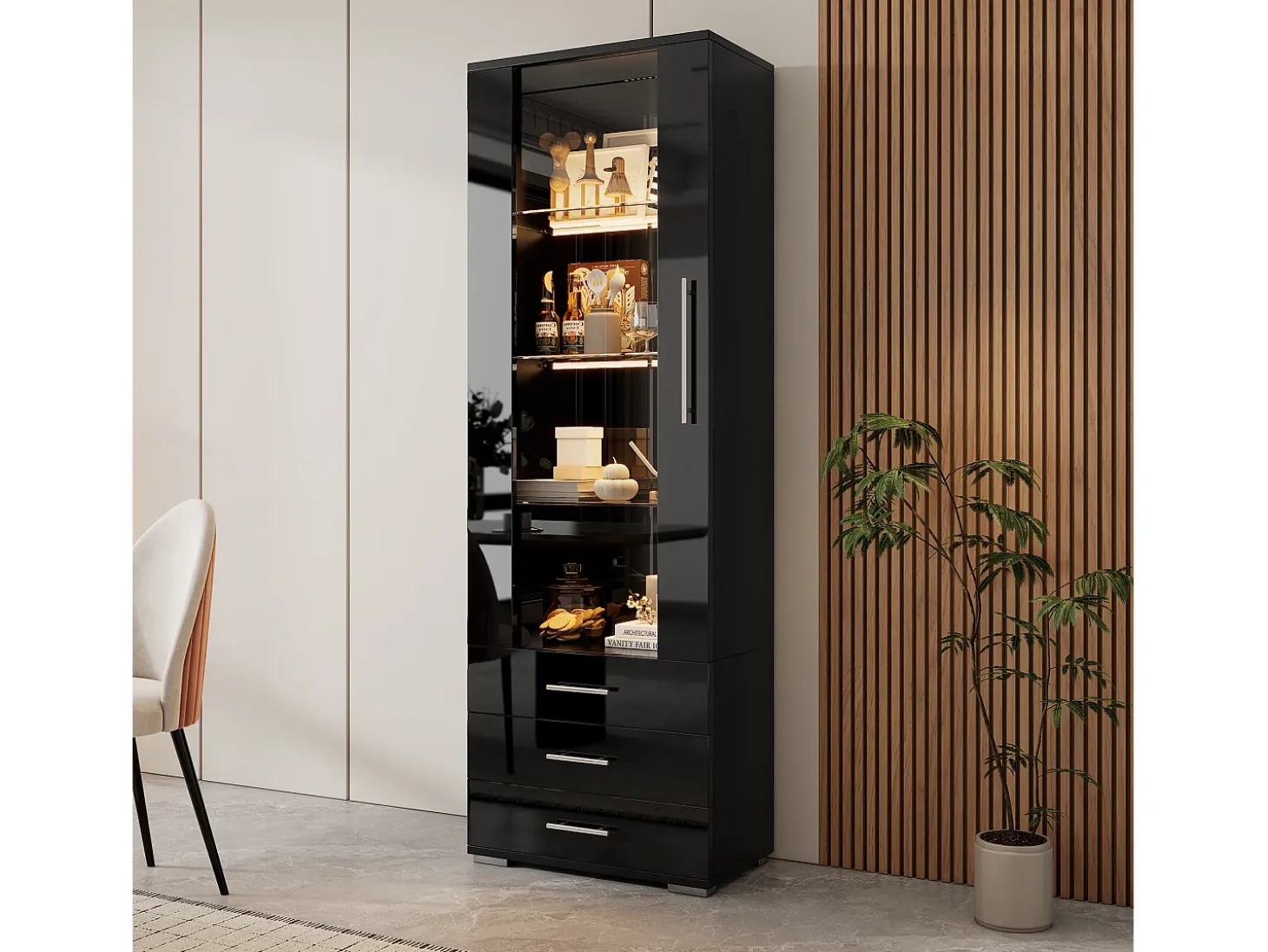 Vitrina lacada en negro con puertas de cristal, estante LED, 3 cajones, 60x35x180 cm