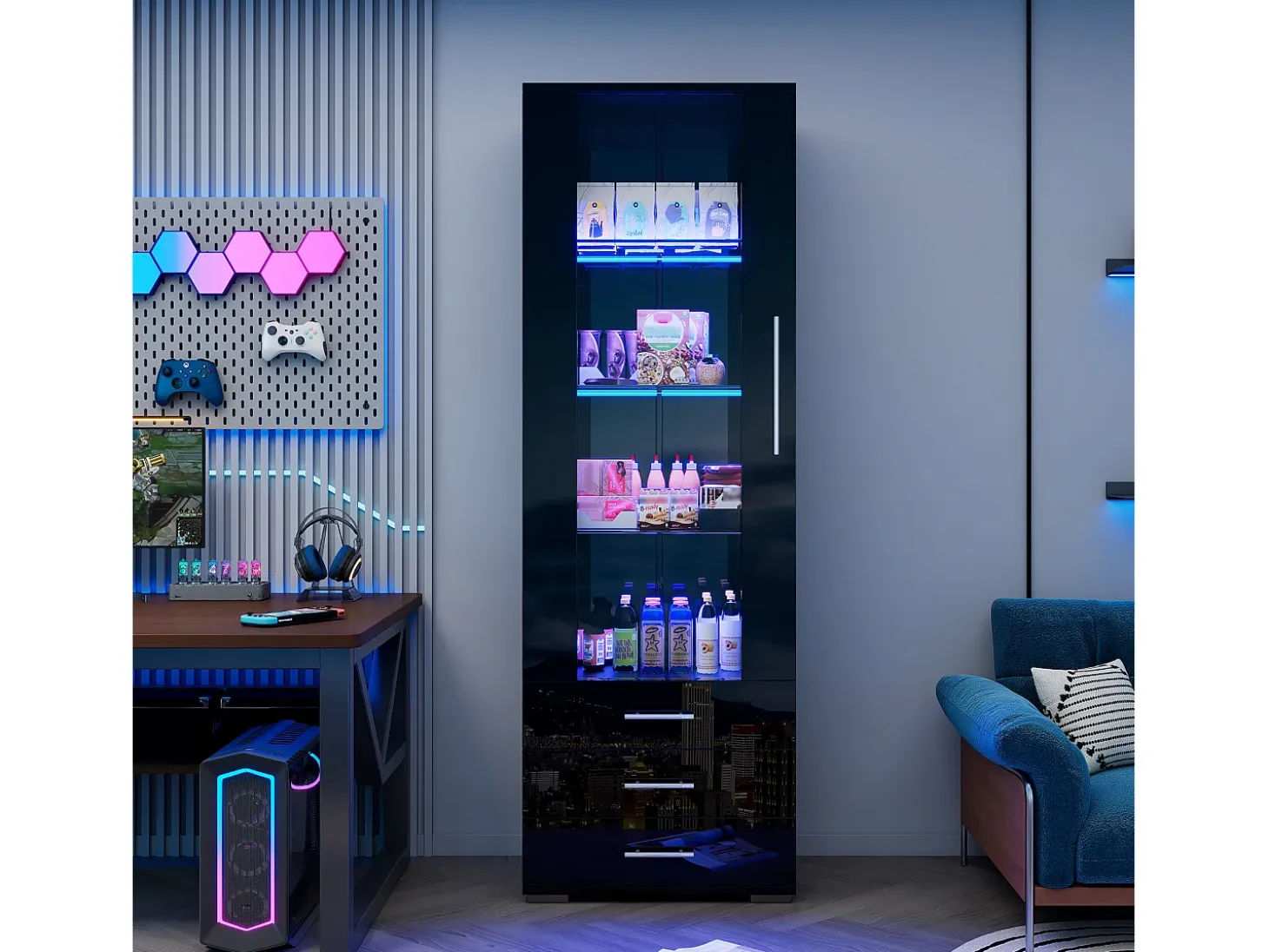 Vitrina lacada en negro con puertas de cristal, estante LED, 3 cajones, 60x35x180 cm