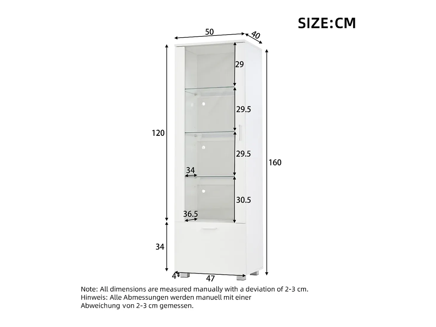Vitrina LED blanca con puertas acrílicas y 3 estantes, 50x40x160 cm