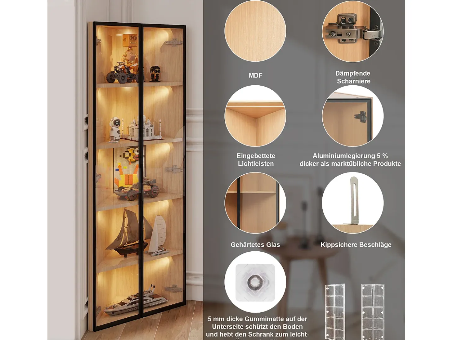 Vitrina LED de cristal, MDF, roble, con iluminación integrada, vitrina de coleccionista, 62x35x160 cm