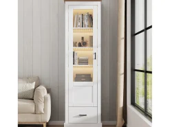 Vitrina LED moderna 50x35x178 cm - con iluminación LED - 1 cajón - 1 puerta de cristal - 5 compartimentos - blanco