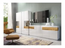 Vitrina, librería, alacena KILES color blanco y roble. Modelo vitrina derecha. LED integrado.