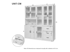 Vitrina moderna combinada con iluminación LED, 8 puertas, 3 cajones, aglomerado, blanco, 180x40x200 cm