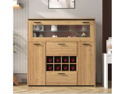 Vitrina moderna con iluminación LED, puertas de cristal, estantes regulables, almacenamiento versátil, MDF, madera + negro (110x38x111 cm)