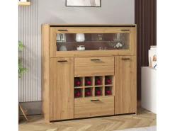 Vitrina moderna con iluminación LED, puertas de cristal, estantes regulables, almacenamiento versátil, MDF, madera + negro (110x38x111 cm)