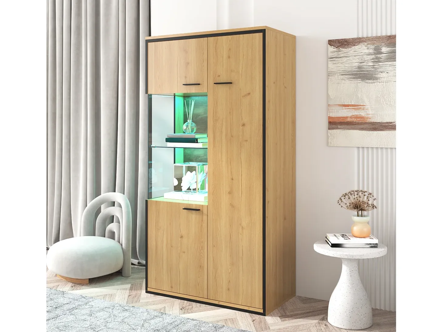 Vitrina moderna con iluminación LED, puertas de cristal, estantes regulables, 15 colores, MDF, blanco (77,5x40x150 cm)