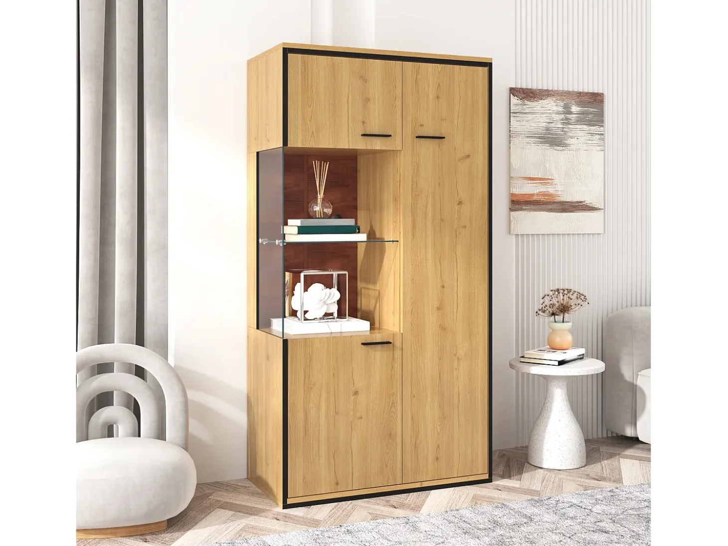 Vitrina moderna con iluminación LED, puertas de cristal, estantes regulables, 15 colores, MDF, blanco (77,5x40x150 cm)