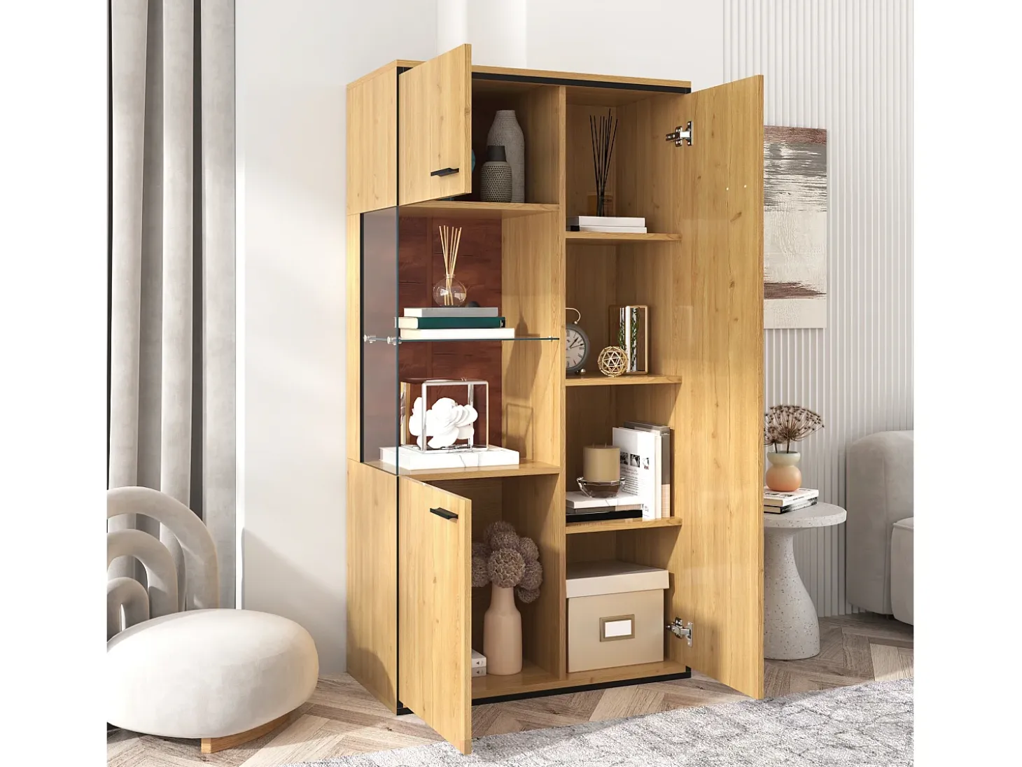 Vitrina moderna con iluminación LED, puertas de cristal, estantes regulables, 15 colores, MDF, blanco (77,5x40x150 cm)