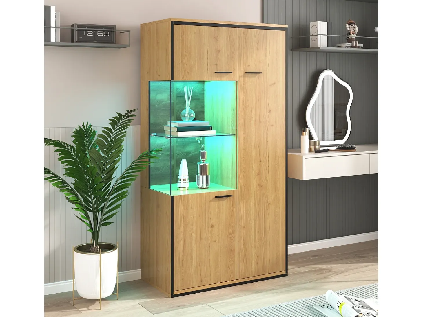 Vitrina moderna con iluminación LED, puertas de cristal, estantes regulables, 15 colores, MDF, blanco (77,5x40x150 cm)
