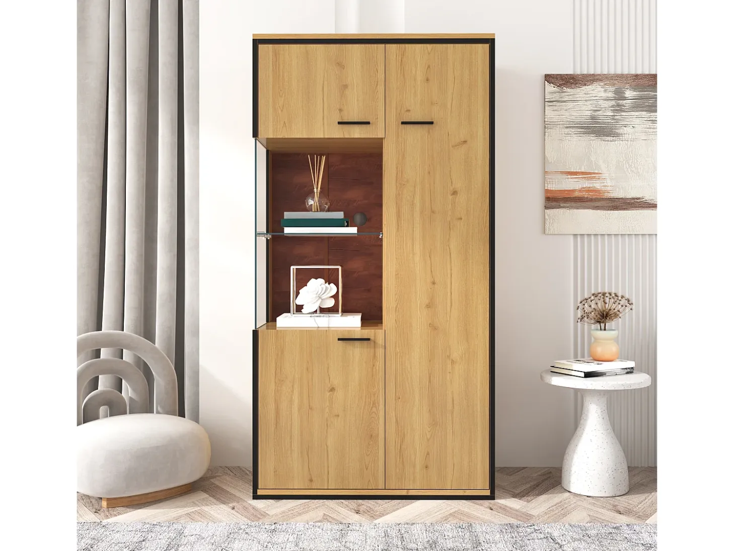 Vitrina moderna con iluminación LED, puertas de cristal, estantes regulables, 15 colores, MDF, blanco (77,5x40x150 cm)