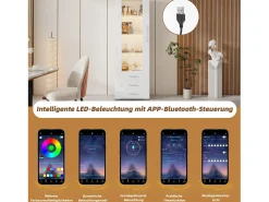 Vitrina moderna con LED, puertas de cristal, 3 estantes, alto brillo, blanco (60x35x180 cm)