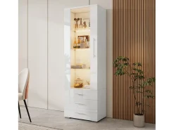 Vitrina moderna con LED, puertas de cristal, 3 estantes, alto brillo, blanco (60x35x180 cm)