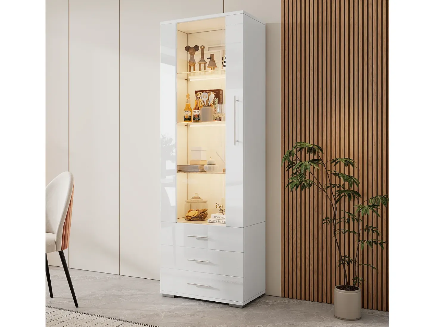 Vitrina moderna con LED, puertas de cristal, 3 estantes, alto brillo, blanco (60x35x180 cm)