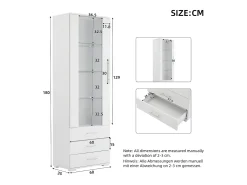 Vitrina moderna con LED, puertas de cristal, 3 estantes, alto brillo, blanco (60x35x180 cm)