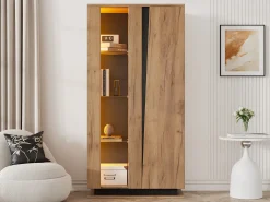 Vitrina moderna para salón - 80 x 35 x 160 cm - con 8 estantes + 2 puertas acrílicas + LED - aglomerado - natural