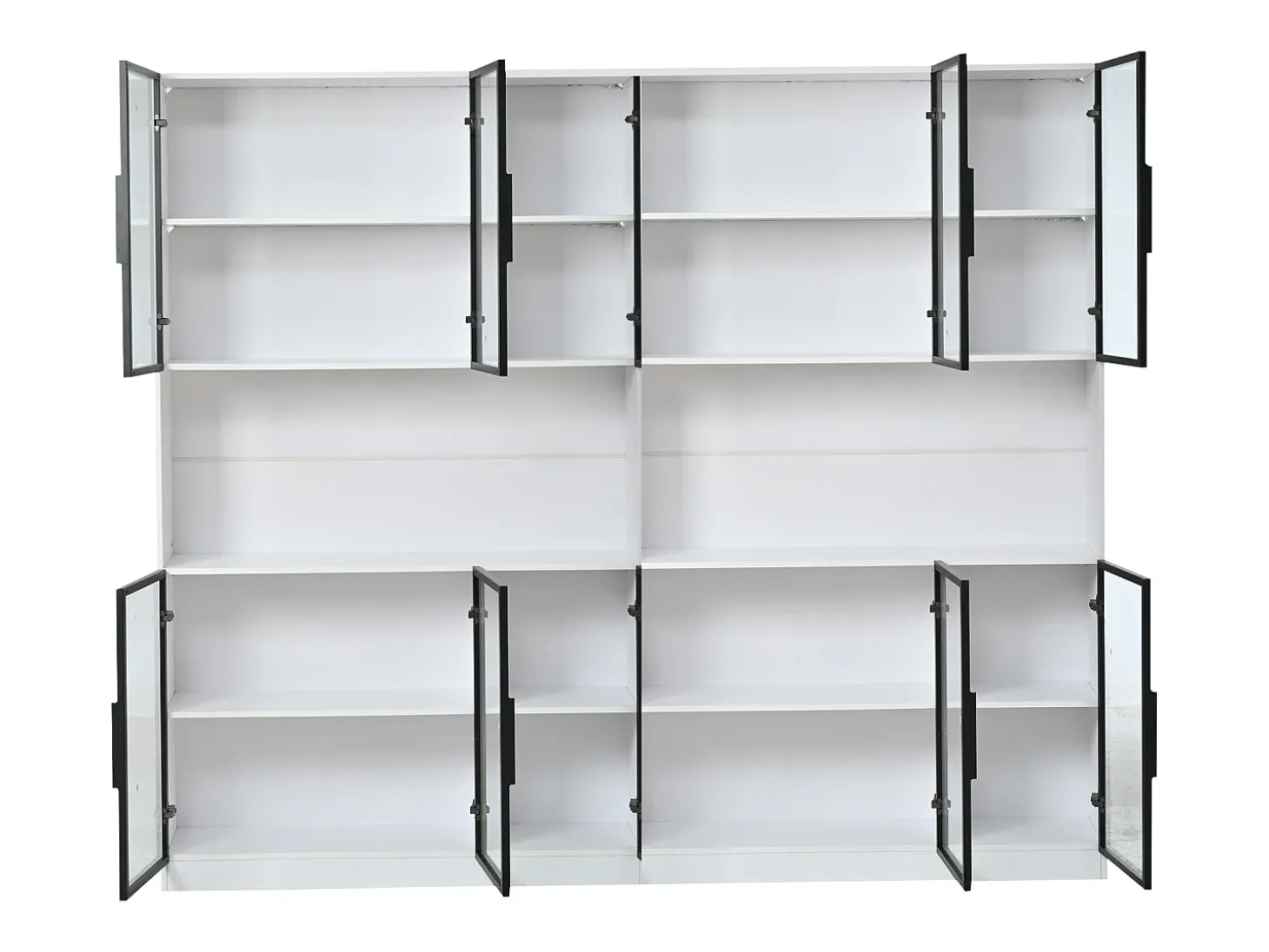 Vitrina moderna 240x34x200 cm - Iluminación LED - 12 puertas de vidrio - Espacio de almacenamiento abierto - MDF - Blanco