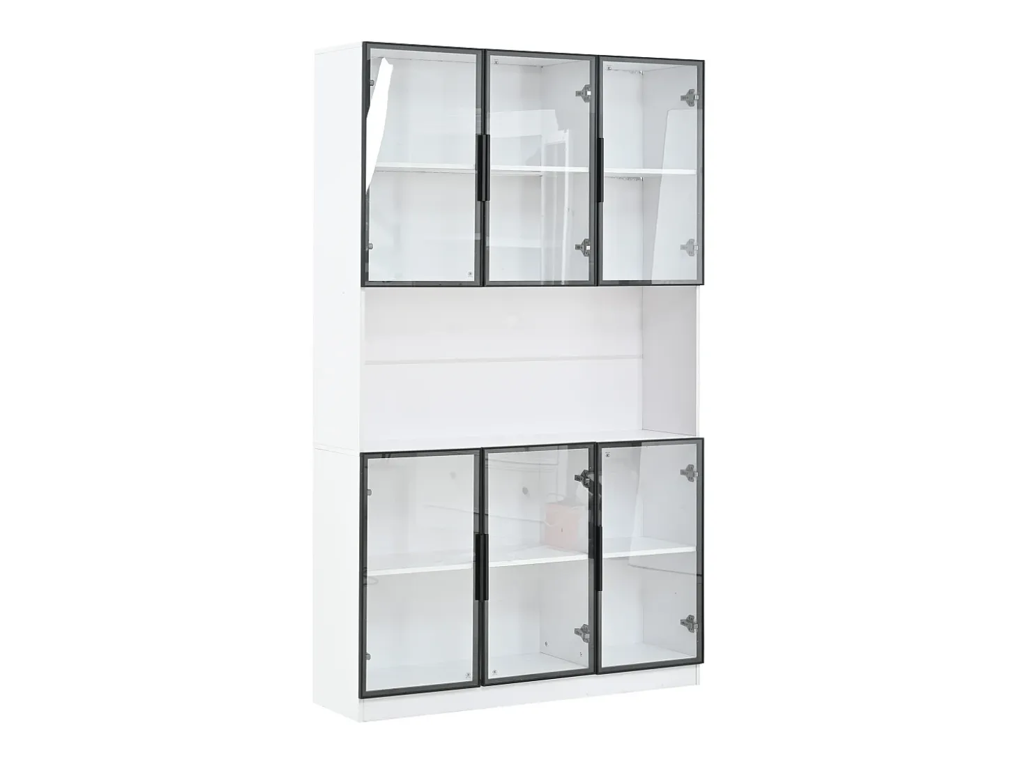 Vitrina moderna 120x34x200 cm - Iluminación LED - 6 puertas de vidrio - Espacio de almacenamiento abierto - MDF - Blanco