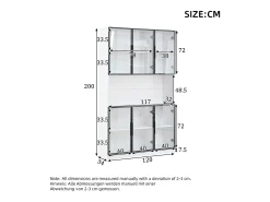 Vitrina moderna 120x34x200 cm - Iluminación LED - 6 puertas de vidrio - Espacio de almacenamiento abierto - MDF - Blanco