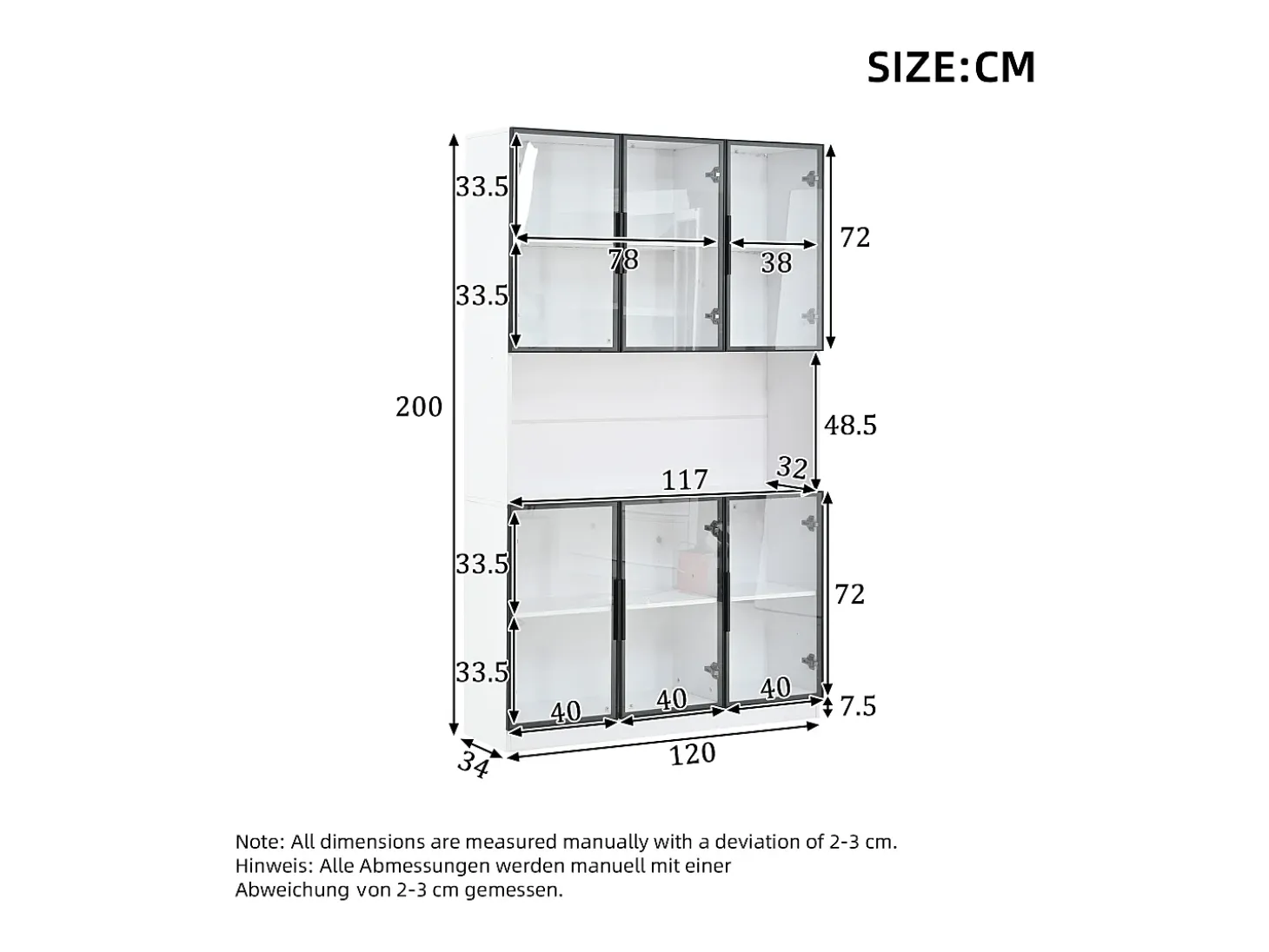 Vitrina moderna 120x34x200 cm - Iluminación LED - 6 puertas de vidrio - Espacio de almacenamiento abierto - MDF - Blanco