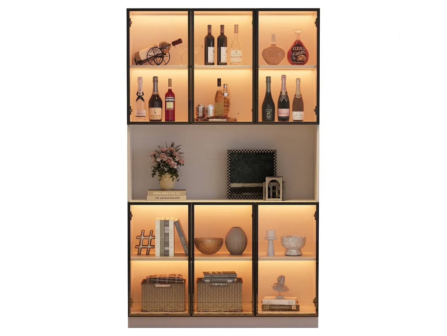 Vitrina moderna 120x34x200 cm - Iluminación LED - 6 puertas de vidrio - Espacio de almacenamiento abierto - MDF - Blanco