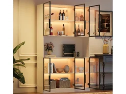 Vitrina moderna 120x34x200 cm - Iluminación LED - 6 puertas de vidrio - Espacio de almacenamiento abierto - MDF - Blanco