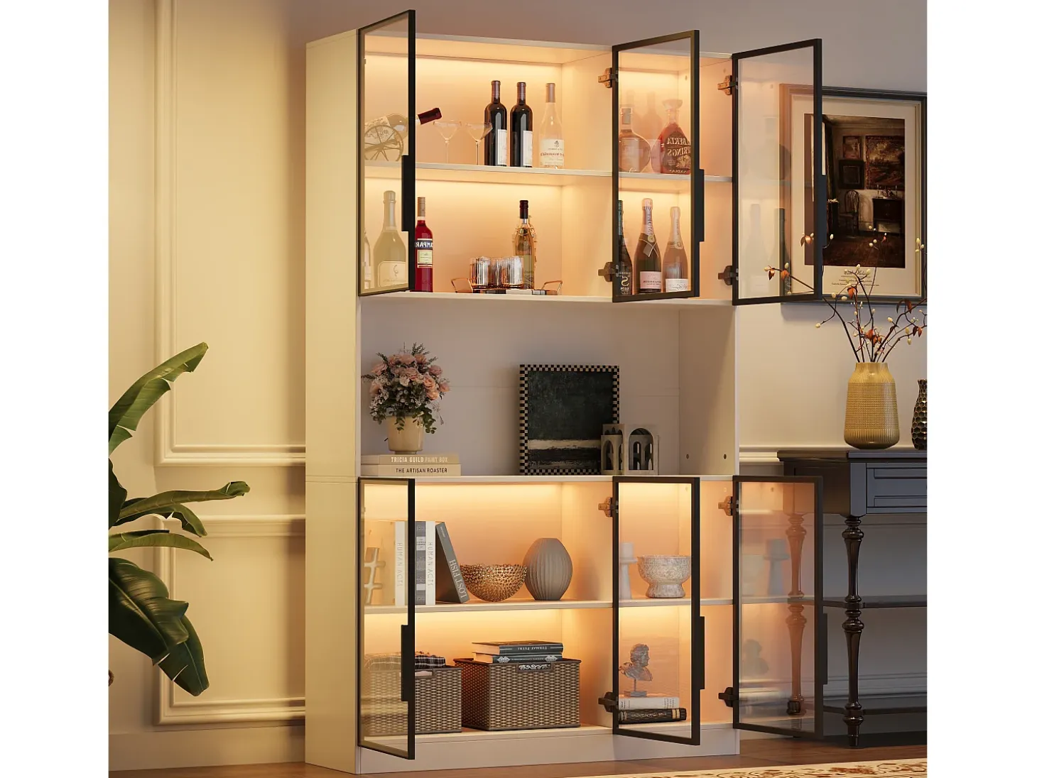 Vitrina moderna 120x34x200 cm - Iluminación LED - 6 puertas de vidrio - Espacio de almacenamiento abierto - MDF - Blanco